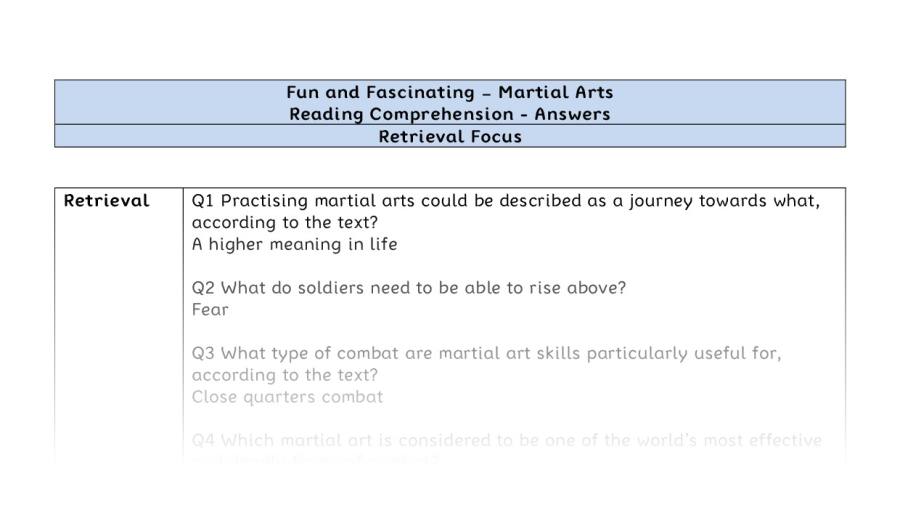 Reading Comprehension - Martial Arts - Year 7 - Retrieval Focus