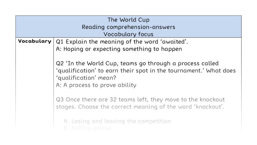 Reading comprehension - vocabulary - The World Cup - answers