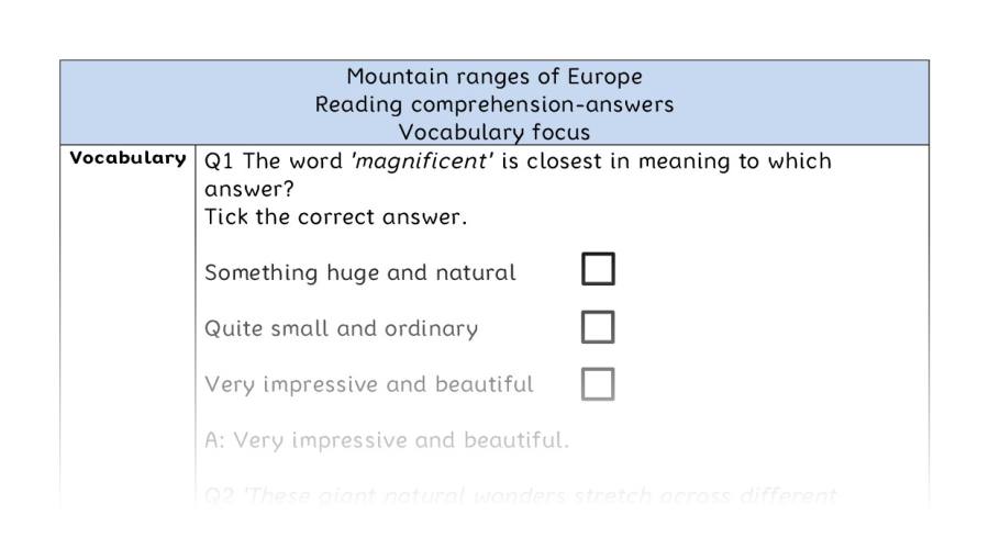 Reading comprehension - vocabulary - Mountain ranges of Europe - answers