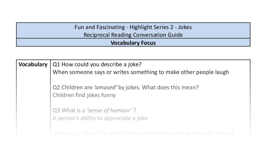Reciprocal Reading Conversation - Jokes - Highlight Series 2 - Vocabulary Focus