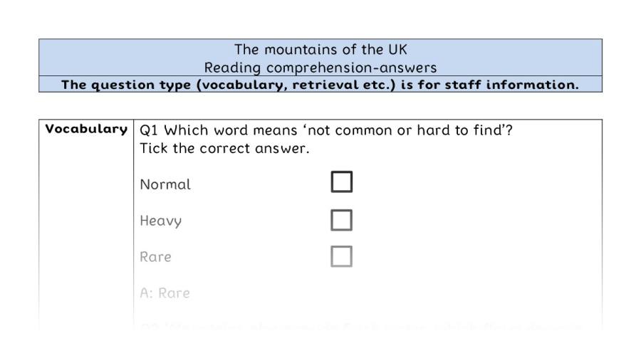 Reading comprehension - VRSIPE - The mountains of the UK - answers