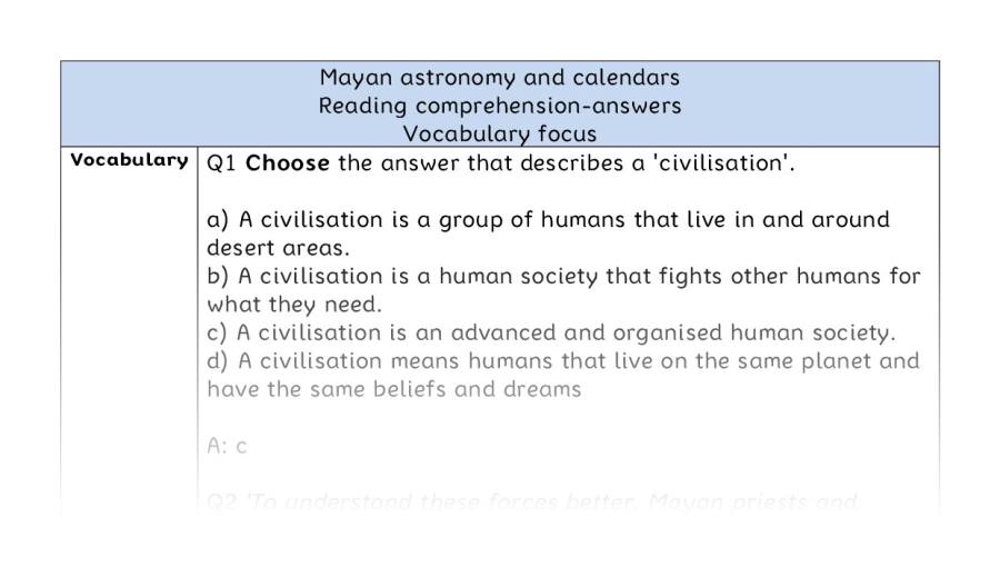 Reading comprehension - vocabulary - Mayan astronomy and calendars - answers