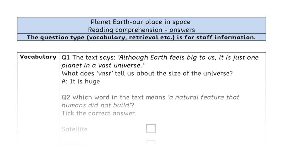 Reading comprehension VRSIPE - Planet Earth-our place in space - answers