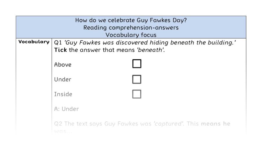 Reading comprehension - vocabulary - How do we celebrate Guy Fawkes Day - answers