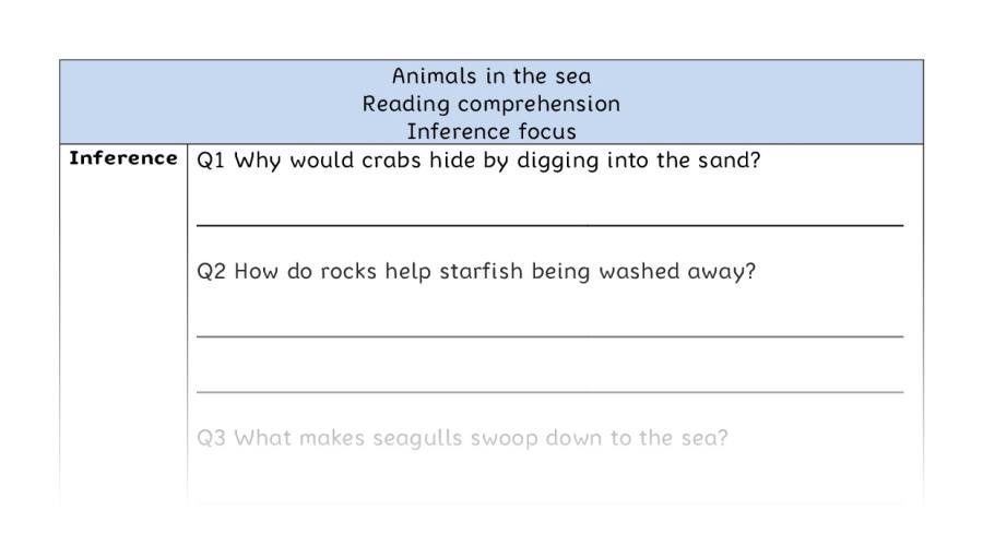 Reading comprehension - inference - Animals in the sea
