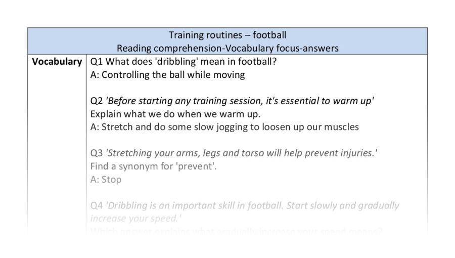 Reading comprehension - vocabulary - Training routines - football