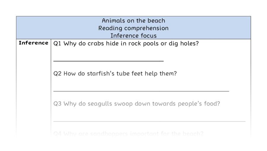 Reading comprehension - inference - Animals on the beach