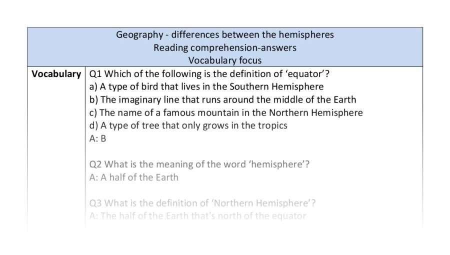 Reading comprehension - vocabulary -differences between the hemispheres - answers