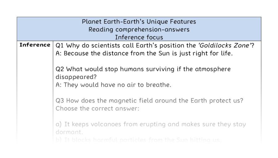 Reading comprehension - inference - Planet Earth-Earths Unique Features - answers