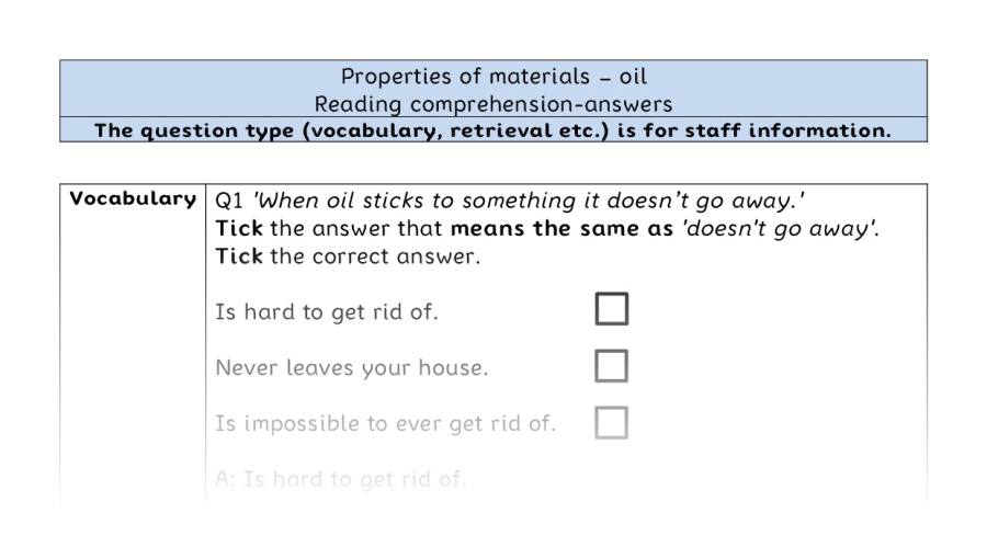 Reading comprehension - VRSIPE - Properties of materials - oil - answers