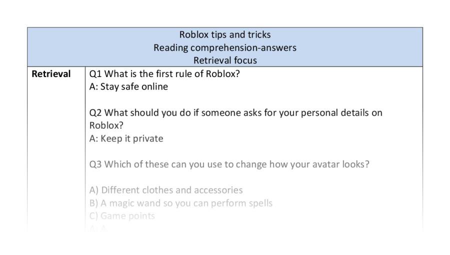 Reading comprehension - retrieval - Roblox tips and tricks - answers