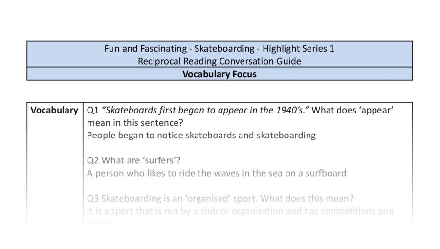 Reciprocal Reading Conversation - Skateboarding - Highlight Series 1 - Vocabulary Focus