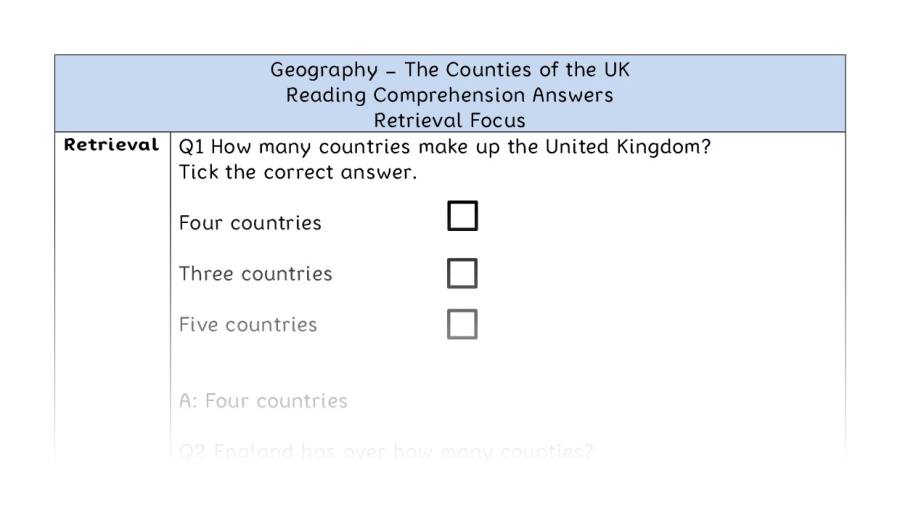 The Counties of the UK - Reading Comprehension Answers - Retrieval Focus