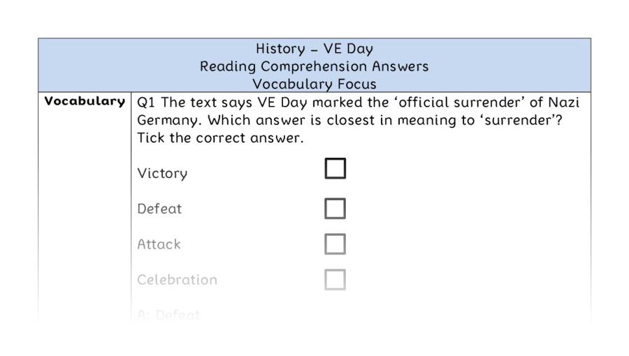 VE Day - Reading Comprehension Answers - Vocabulary Focus