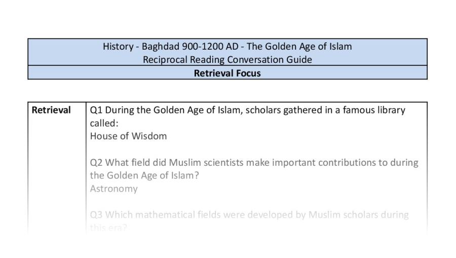 Reciprocal Reading Conversation - The Golden Age of Islam - Retrieval Focus