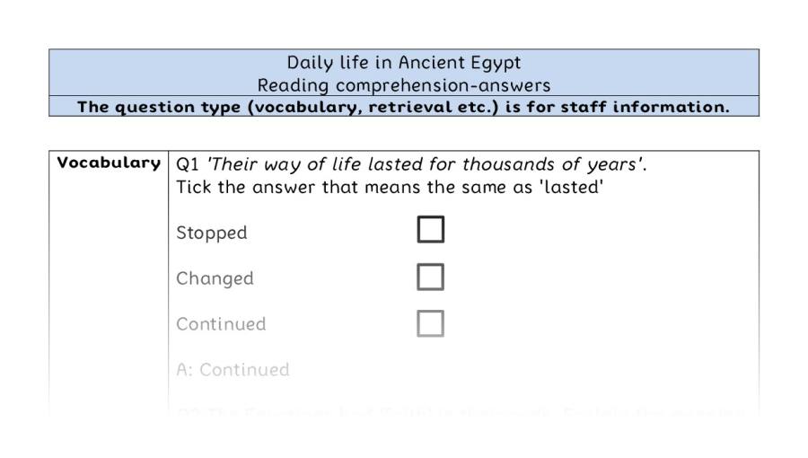 Reading comprehension - VRSIPE - Daily life in Ancient Egypt - answers