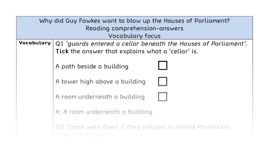Reading comprehension - vocabulary - why Guy Fawkes wanted to blow up Parliamen - answers