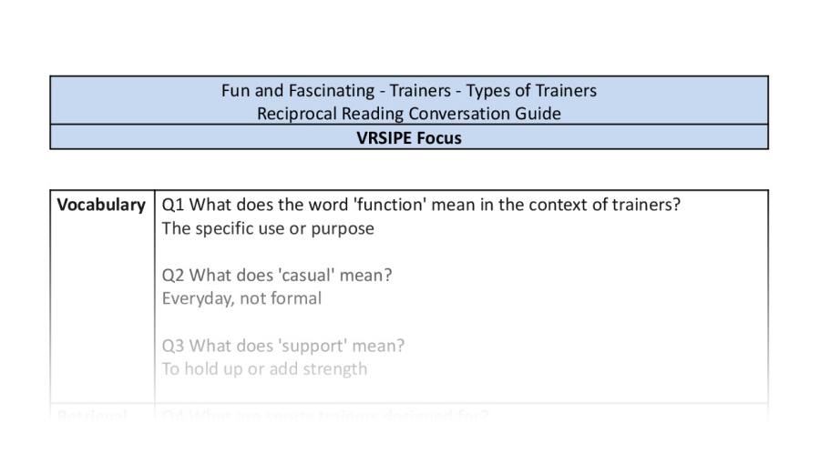 Reciprocal Reading Conversation - Types of Trainers Y3 4 - VRSIPE Focus