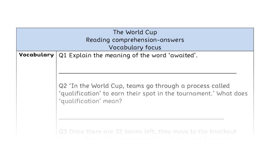 Reading comprehension - vocabulary - The World Cup