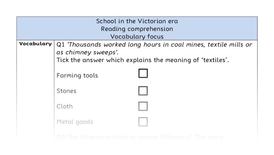 Reading comprehension - vocabulary - School in the Victorian era