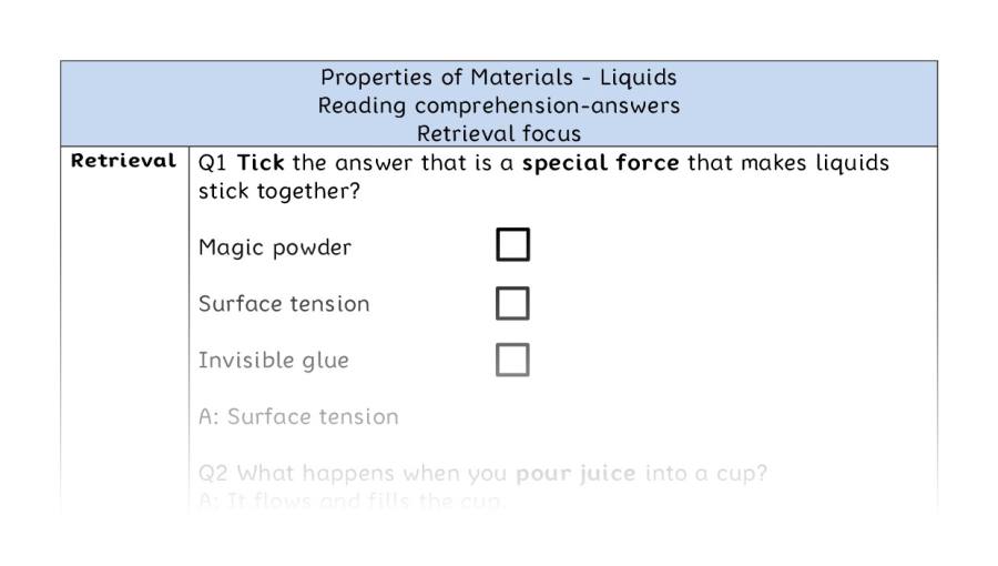 Reading comprehension - retrieval - Properties of Materials - Liquids - answers