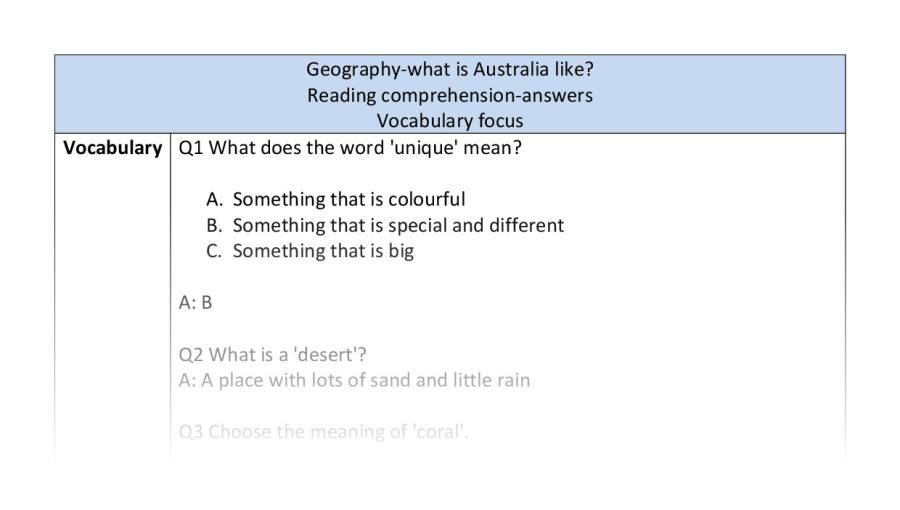 Reading comp-vocabulary-what is Australia like