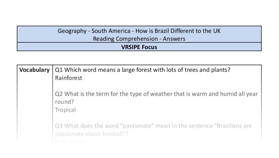 Reading Comprehension-How is Brazil Different to the UK-VRSIPE Focus-answers