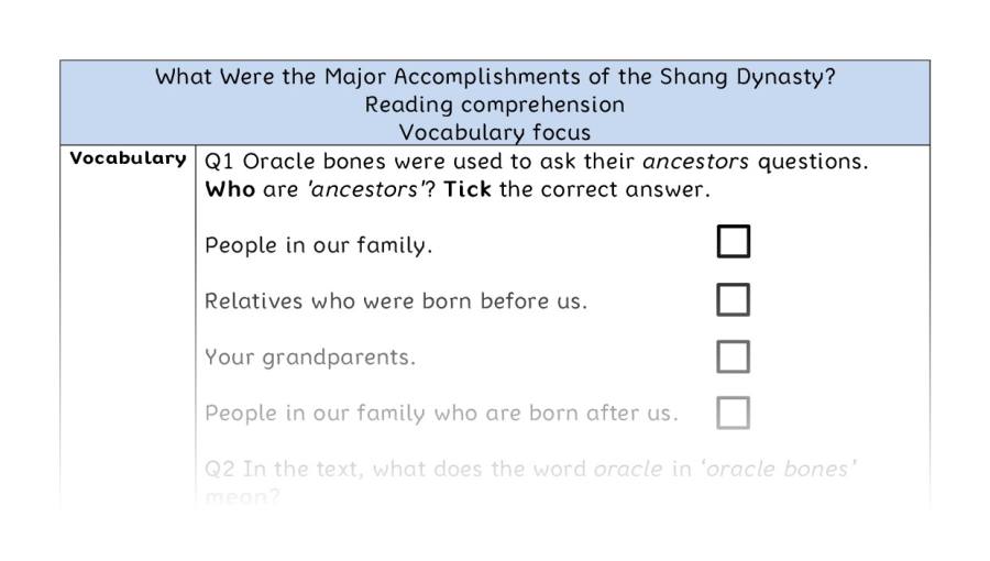 Reading comp-vocabulary--Major Accomplishments Shang Dynasty
