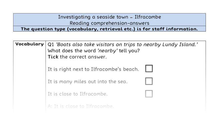 Reading comprehension - VRSIPE - seaside towns - Ilfracombe - answers