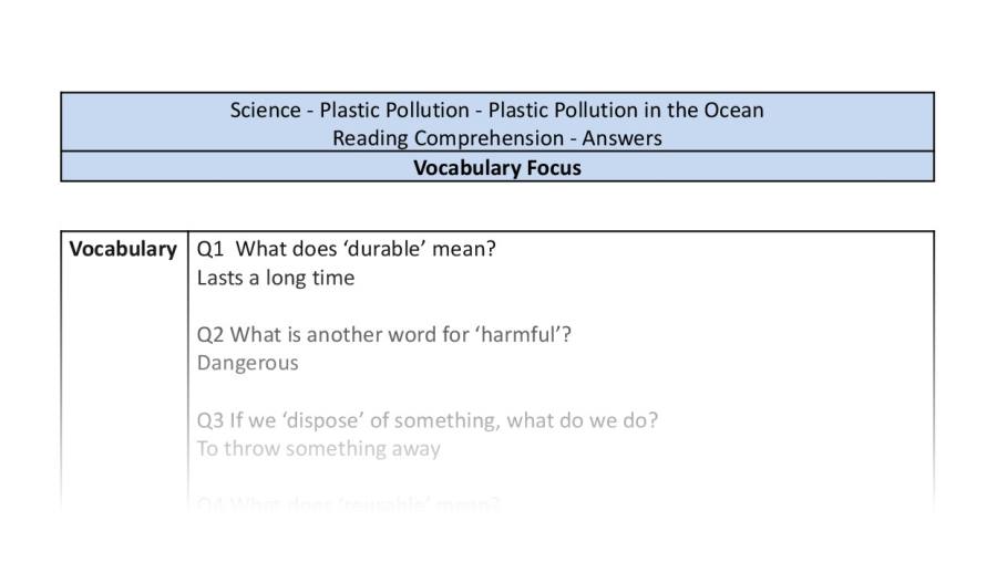 Reading Comprehension - Plastic Pollution in the Ocean - Vocabulary Focus