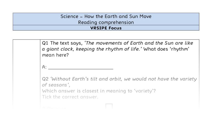 How the Earth and Sun Move - Reading Comprehension - VRSIPE Focus