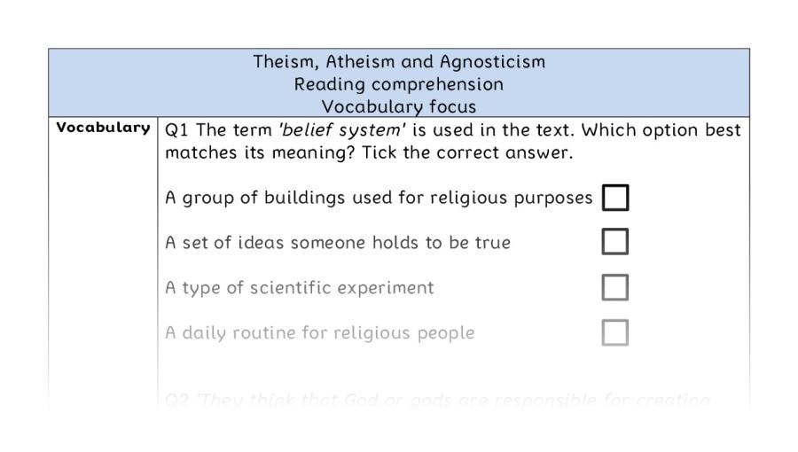 Reading comprehension - vocabulary -Theism, Atheism and Agnosticism