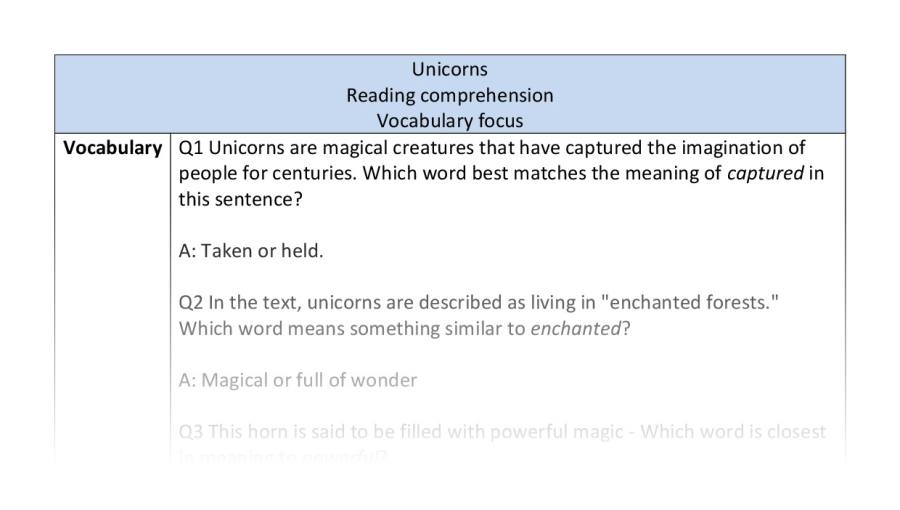 Reading comprehension-vocabulary-Unicorns-answers