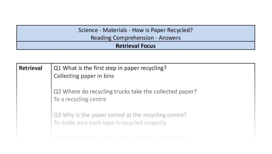 Reading Comprehension - How is Paper Recycled - Retrieval Focus