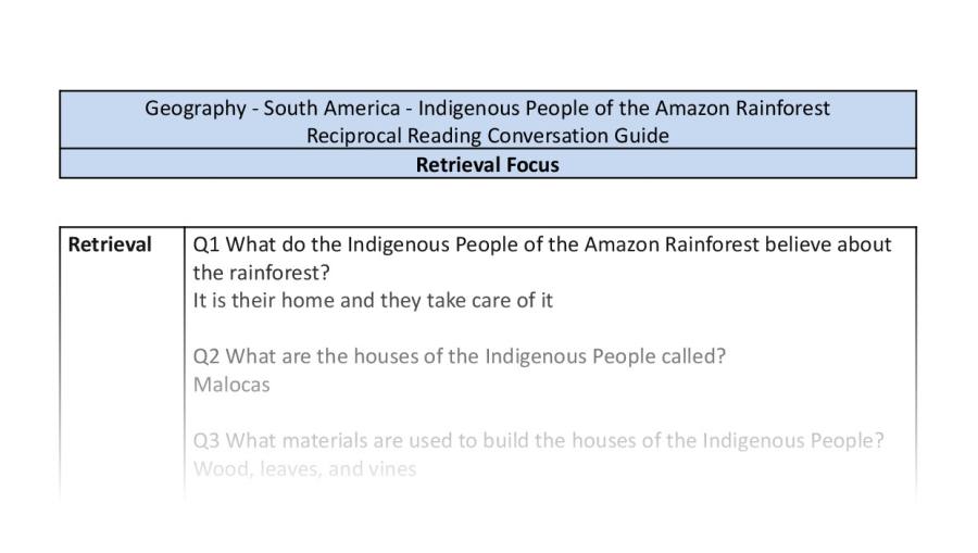 Reciprocal Reading Conversation - Indigenous People of the Amazon Rainforest - Retrieval Focus