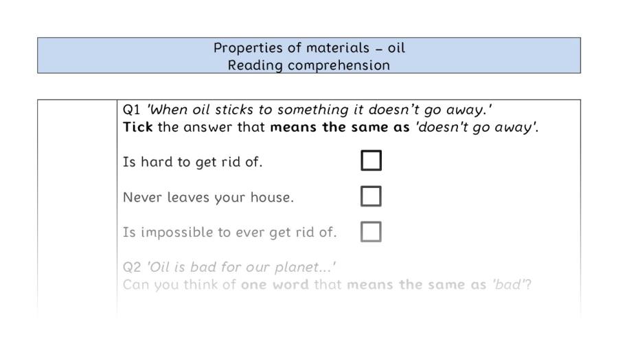 Reading comprehension - VRSIPE - Properties of materials - oil