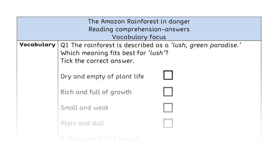 Reading comprehension - vocabulary - The Amazon Rainforest in danger - answers