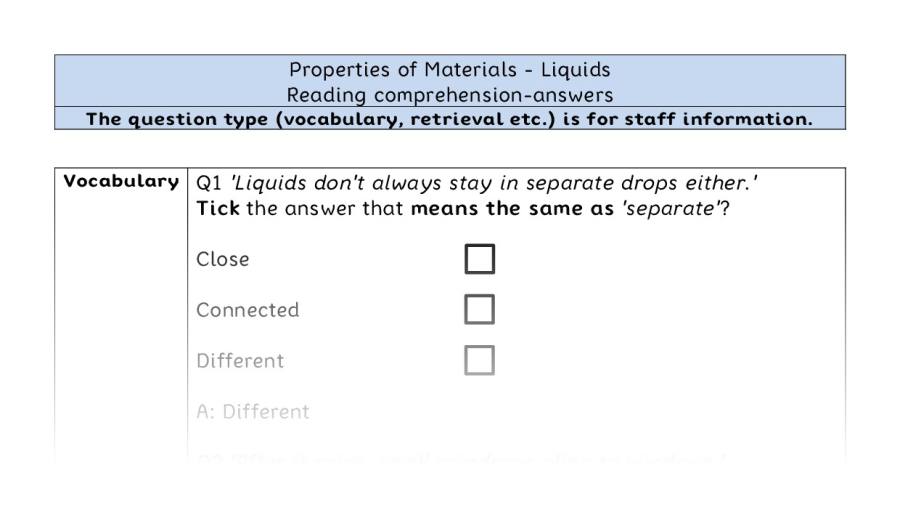 Reading comprehension - VRSIPE - Properties of Materials - Liquids - answers