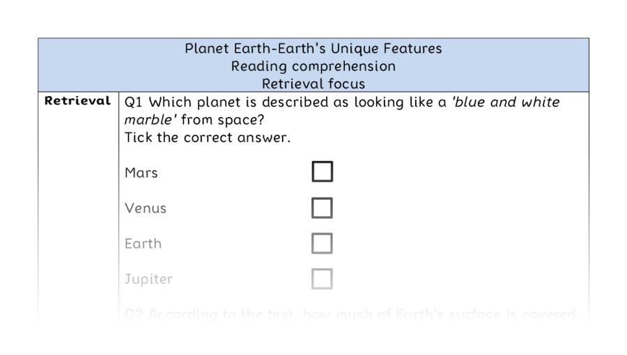 Reading comprehension - retrieval - Planet Earth-Earths Unique Features