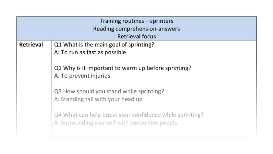 Reading comprehension - retrieval - Training routines - sprinters - answers
