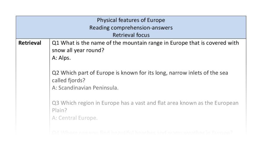 Reading comprehension -retrieval-Physical features of Europe