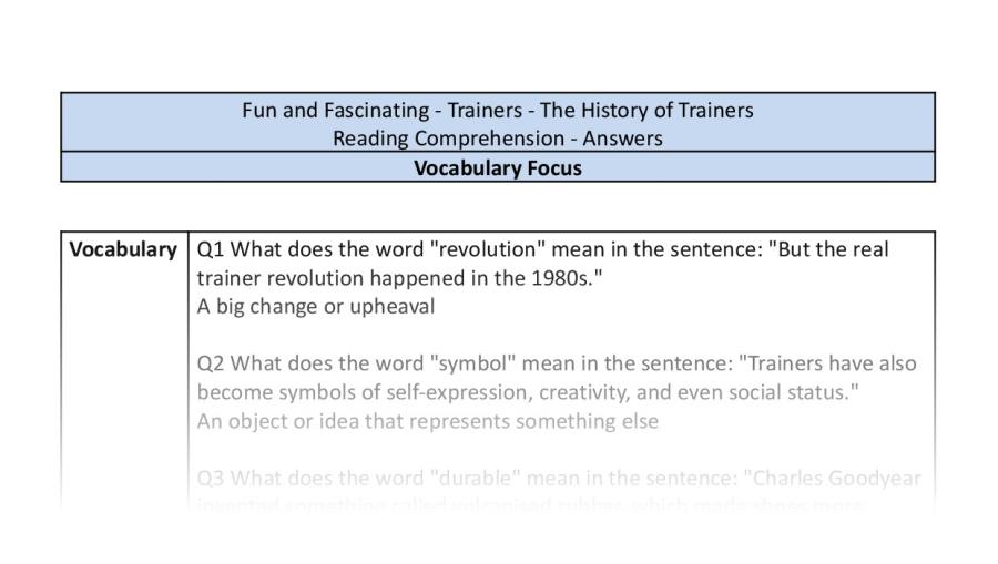 Reading comprehension-vocabulary-The history of trainers-answers