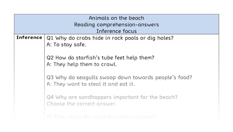 Reading comprehension - inference - Animals on the beach - answers