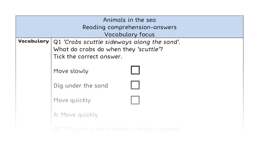 Reading comprehension - vocabulary - Animals in the sea - answers