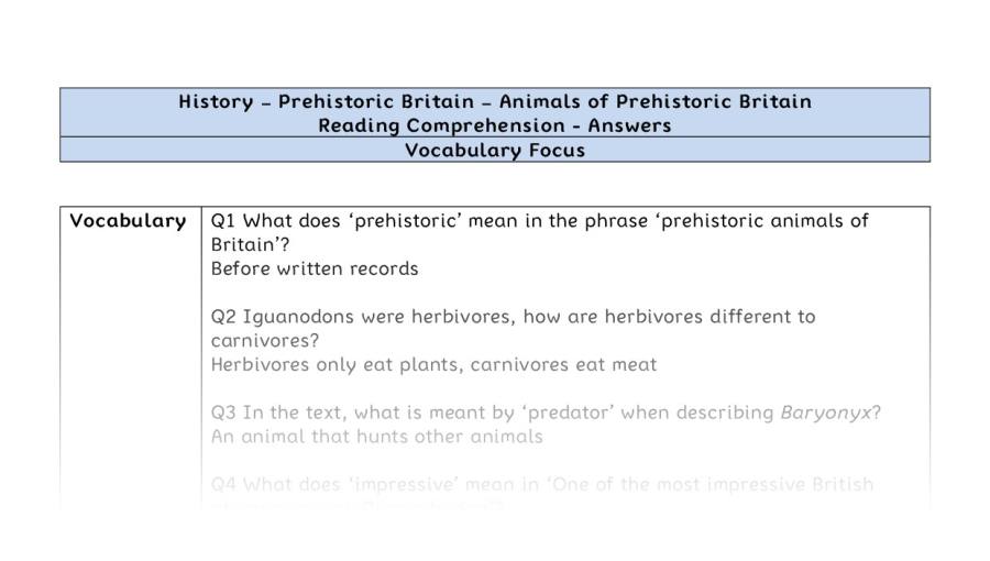 Reading comp-Animals of Prehistoric Britain-vocabulary focus-answers