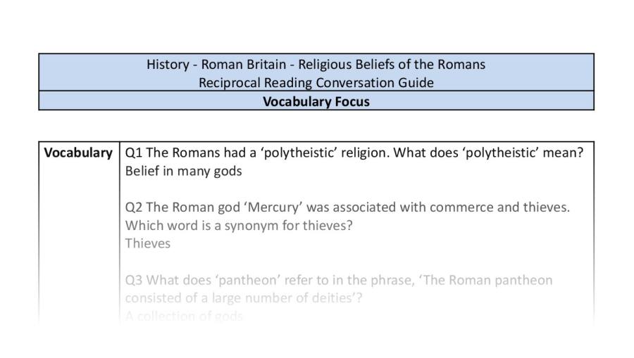 Reciprocal Reading Conversation - Religious Beliefs of the Romans - Vocabulary Focus