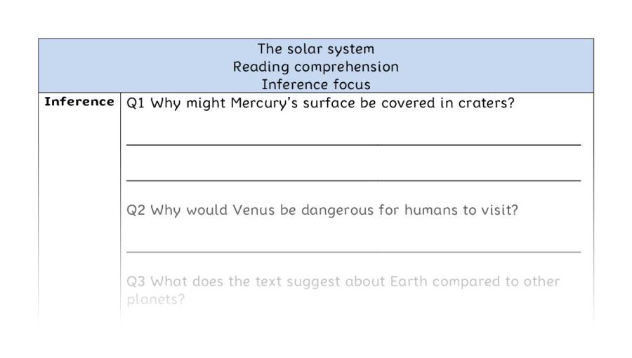 Reading comprehension - inference - The solar system
