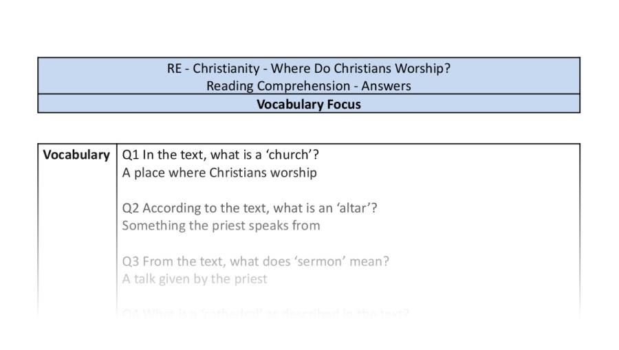 Reading Comprehension - Where Do Christians Worship - Vocabulary Focus