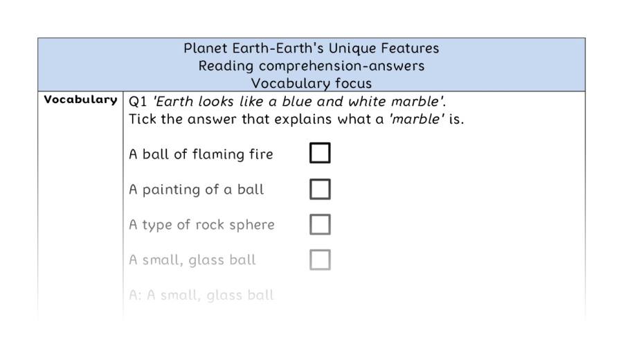 Reading comprehension - vocabulary - Planet Earth-Earths Unique Features - answers