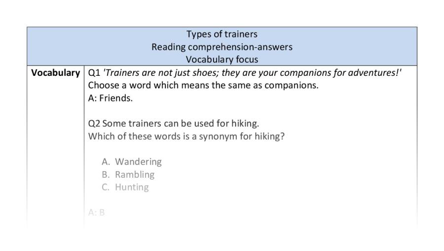 Reading comp-vocabulary-types of trainers - answers